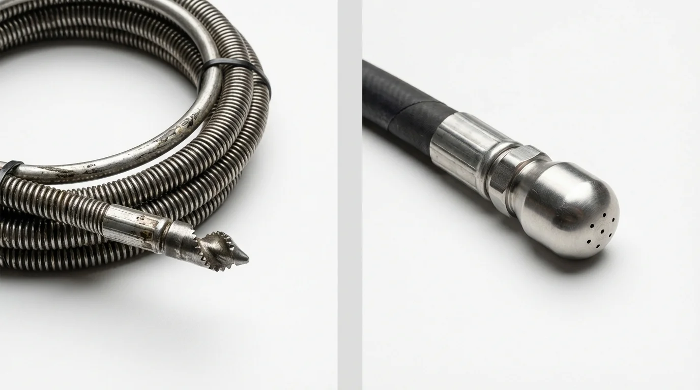 Drain snake cable and hydro jetting nozzle used for drain cleaning in Prescott, WI