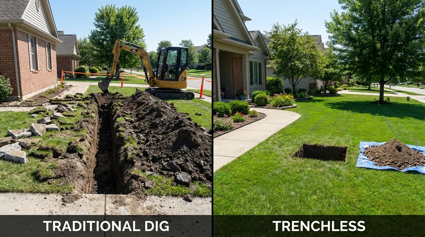 Trenchless sewer repair with minimal yard damage versus traditional excavation in Prescott, WI